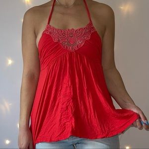 Red Lace-pattern Halter Top